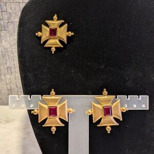 Vintage Brushed Gold And Red Maltese Cross Brooch And Earrings